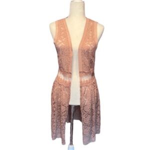 Vocal USA Lace Rose Pink Cardigan Duster Sleeveless With Faux Suede Detail